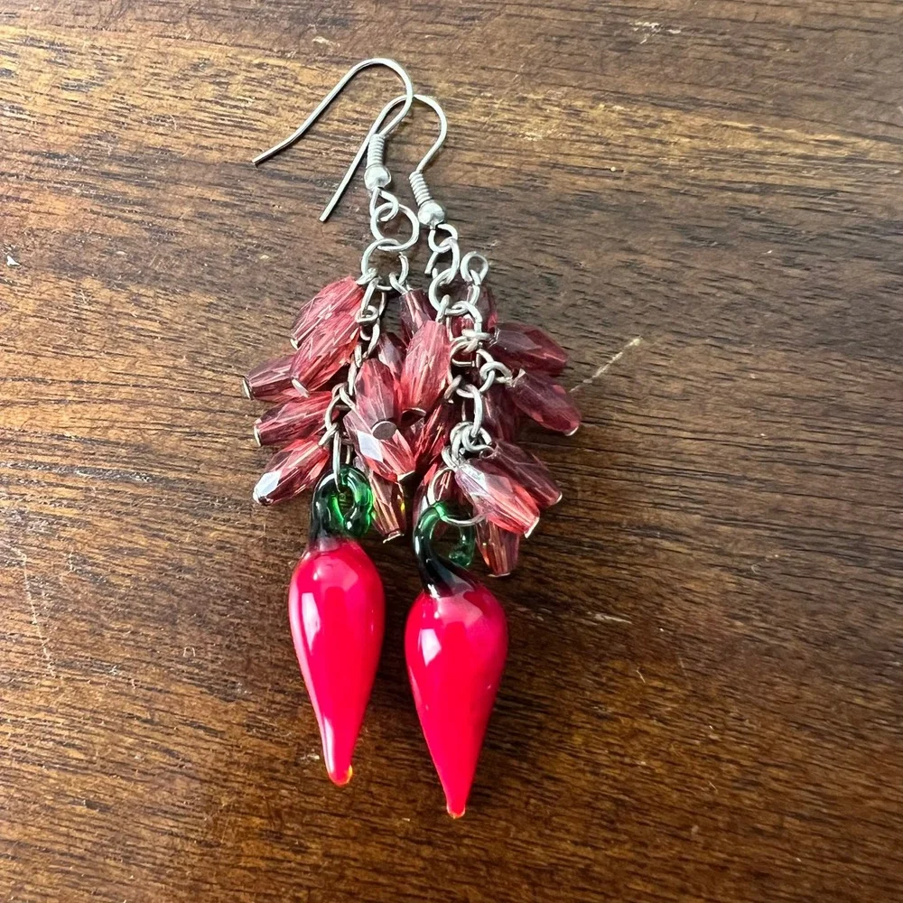 Chili Pepper Drop Earrings Glass Texas Rodeo Cowboy Western Artsy Unique NEW